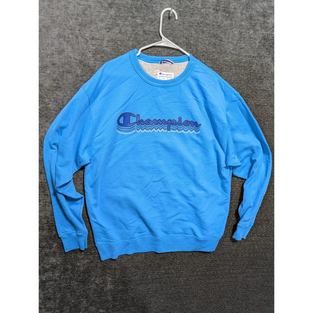 Champion Mens XL Blue Script Logo Crewneck Sweatshirt Fleece Pullover AW966H - Picture 1 of 5